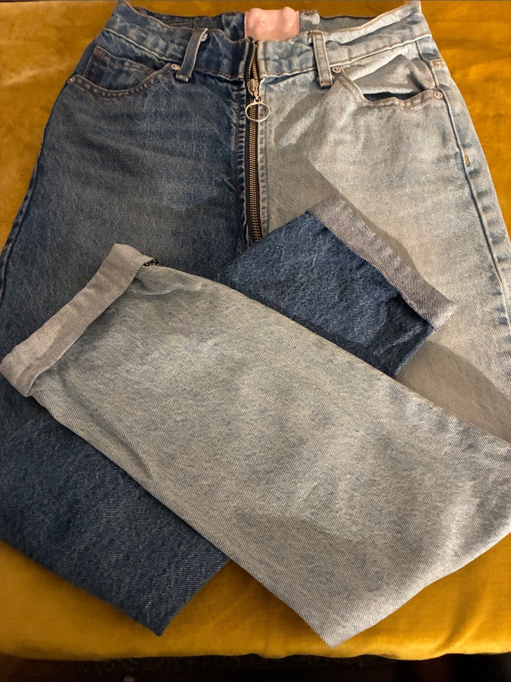 Two-Tone Blue Denim Jeans with Front Zip